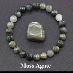 Natural Moss Agate 6mm Round Beaded Bracelet Stretch Unisex 7.5"